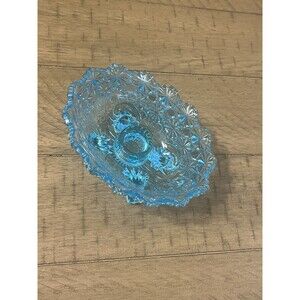 Vintage L G Wright Aqua Blue Glass Daisy And Button Footed Oval Candle Holder